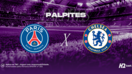 Palpites Paris Saint-Germain x Chelsea. Banner de apostas esportivas da H2bet exibindo os escudos das equipes em confronto direto, com destaque para previsões e odds de futebol europeu.
