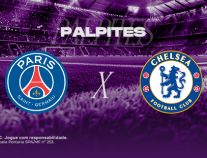 Palpites Paris Saint-Germain x Chelsea. Banner de apostas esportivas da H2bet exibindo os escudos das equipes em confronto direto, com destaque para previsões e odds de futebol europeu.