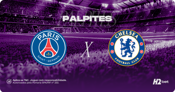 Palpites Paris Saint-Germain x Chelsea. Banner de apostas esportivas da H2bet exibindo os escudos das equipes em confronto direto, com destaque para previsões e odds de futebol europeu.