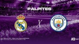 Palpites Real Madrid x Manchester City. Banner de apostas esportivas da H2bet exibindo os escudos das equipes em confronto direto, com destaque para previsões e odds de futebol internacional.