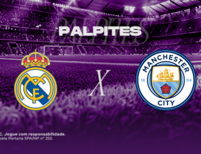 Palpites Real Madrid x Manchester City. Banner de apostas esportivas da H2bet exibindo os escudos das equipes em confronto direto, com destaque para previsões e odds de futebol internacional.