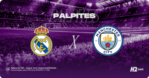 Palpites Real Madrid x Manchester City. Banner de apostas esportivas da H2bet exibindo os escudos das equipes em confronto direto, com destaque para previsões e odds de futebol internacional.
