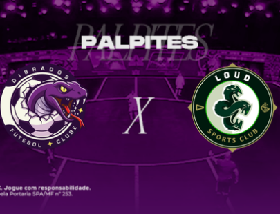 banner com o texto "palpites" e os escudos das equipes Dibrados e LOUD da Kings League