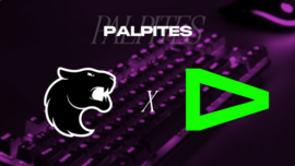 banner com o texto "palpites" e os escudos dos times Fúria e LOUD para o CBLOL