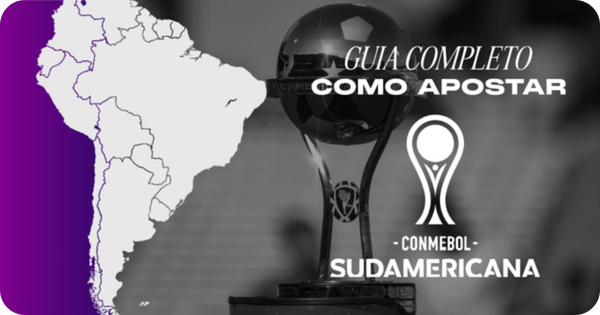 Banner ilustrativo de guia de apostas esportivas focado na Copa Sul-Americana. A imagem é visualmente dividida: o lado esquerdo apresenta um mapa da América do Sul em branco com contornos roxos sobre um fundo roxo vibrante; o lado direito, com um filtro em preto e branco, exibe a verdadeira taça do torneio ao lado do logotipo oficial da Conmebol Sudamericana. Sobreposto a essa área, destaca-se o texto "Guia Completo Como Apostar" em letras brancas. Arte voltada para dicas, tutoriais e mercados de palpites em futebol.