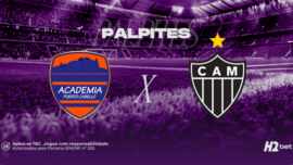 Banner promocional de apostas esportivas da H2bet. A imagem, coberta por um filtro roxo escuro, exibe a visão a partir do gramado de um estádio de futebol com as arquibancadas lotadas ao fundo. Na parte superior, destaca-se a palavra "PALPITES" em letras brancas. No centro, o duelo internacional é representado pelos escudos oficiais das equipes: o clube venezuelano Academia Puerto Cabello à esquerda e o Atlético Mineiro (CAM) à direita, separados por um "X" branco. Arte focada em previsões de partidas e cotações de futebol.