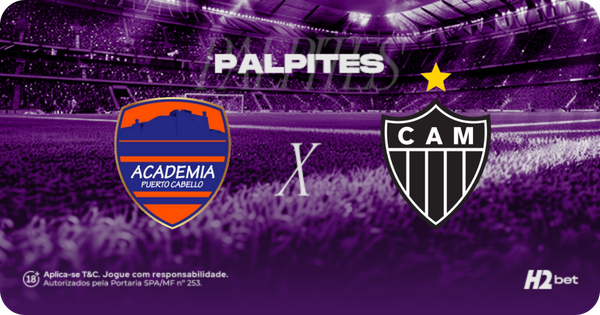 Banner promocional de apostas esportivas da H2bet. A imagem, coberta por um filtro roxo escuro, exibe a visão a partir do gramado de um estádio de futebol com as arquibancadas lotadas ao fundo. Na parte superior, destaca-se a palavra "PALPITES" em letras brancas. No centro, o duelo internacional é representado pelos escudos oficiais das equipes: o clube venezuelano Academia Puerto Cabello à esquerda e o Atlético Mineiro (CAM) à direita, separados por um "X" branco. Arte focada em previsões de partidas e cotações de futebol.