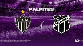 Banner promocional de apostas esportivas do H2bet. A imagem, coberta por um filtro roxo escuro, exibe a visão a partir do gramado de um estádio de futebol com as arquibancadas lotadas ao fundo. Na parte superior, destaca-se a palavra "PALPITES" em letras brancas. No centro, o duelo do futebol brasileiro é representado pelos escudos oficiais das equipes: Atlético Mineiro (CAM) à esquerda e Ceará à direita, separados por um "X" branco. Arte focada em previsões de partidas e cotações de esportes.