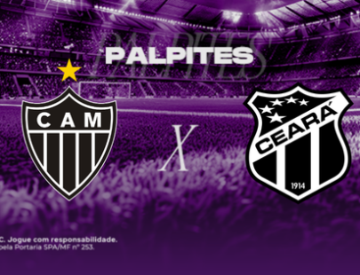 Banner promocional de apostas esportivas do H2bet. A imagem, coberta por um filtro roxo escuro, exibe a visão a partir do gramado de um estádio de futebol com as arquibancadas lotadas ao fundo. Na parte superior, destaca-se a palavra "PALPITES" em letras brancas. No centro, o duelo do futebol brasileiro é representado pelos escudos oficiais das equipes: Atlético Mineiro (CAM) à esquerda e Ceará à direita, separados por um "X" branco. Arte focada em previsões de partidas e cotações de esportes.