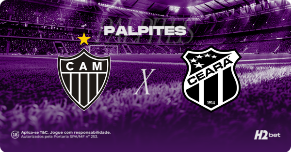 Banner promocional de apostas esportivas do H2bet. A imagem, coberta por um filtro roxo escuro, exibe a visão a partir do gramado de um estádio de futebol com as arquibancadas lotadas ao fundo. Na parte superior, destaca-se a palavra "PALPITES" em letras brancas. No centro, o duelo do futebol brasileiro é representado pelos escudos oficiais das equipes: Atlético Mineiro (CAM) à esquerda e Ceará à direita, separados por um "X" branco. Arte focada em previsões de partidas e cotações de esportes.