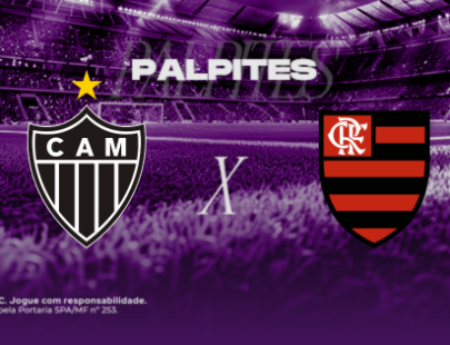 Banner promocional de apostas esportivas da H2bet com o título "Palpites". A imagem apresenta um filtro roxo sobre o fundo de um estádio de futebol lotado. No centro, destacam-se os escudos oficiais do Atlético Mineiro (CAM) à esquerda e do Flamengo à direita, separados por um "X" branco que indica o confronto. No canto inferior direito está o logotipo da H2bet e, à esquerda, selos de jogo responsável e licenciamento. Arte voltada para previsões de resultados e cotações de futebol.