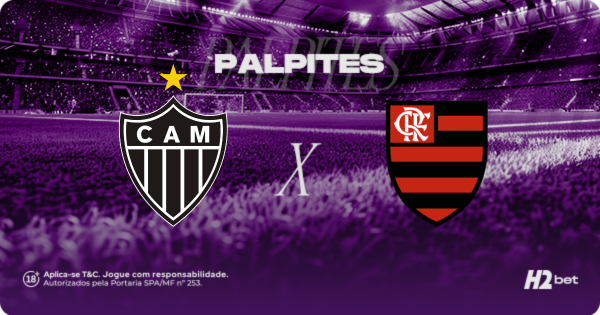 Banner promocional de apostas esportivas da H2bet com o título "Palpites". A imagem apresenta um filtro roxo sobre o fundo de um estádio de futebol lotado. No centro, destacam-se os escudos oficiais do Atlético Mineiro (CAM) à esquerda e do Flamengo à direita, separados por um "X" branco que indica o confronto. No canto inferior direito está o logotipo da H2bet e, à esquerda, selos de jogo responsável e licenciamento. Arte voltada para previsões de resultados e cotações de futebol.