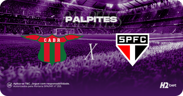 Banner promocional de apostas esportivas da H2bet. A imagem, coberta por um filtro roxo escuro, exibe a visão a partir do gramado de um estádio de futebol com as arquibancadas lotadas ao fundo. Na parte superior, destaca-se a palavra "PALPITES" em letras brancas. No centro, o confronto internacional é representado pelos escudos oficiais das equipes: o clube uruguaio Boston River (CABR) à esquerda e o São Paulo (SPFC) à direita, separados por um "X" branco. Arte focada em previsões de partidas e cotações de futebol.