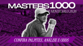 Banner promocional de apostas esportivas focado no torneio de tênis Masters 1000 de Montecarlo 2026. A imagem, coberta por um filtro roxo, mostra uma visão panorâmica de uma quadra de tênis de saibro com arquibancadas lotadas ao fundo. No centro, destaca-se um recorte em preto e branco do jovem tenista brasileiro João Fonseca, usando boné branco e comemorando com o punho cerrado. No topo, lê-se "MASTERS 1000 DE MONTECARLO 2026" em letras brancas. Na base, uma faixa traz o texto "CONFIRA PALPITES, ANÁLISE E ODDS" (Nota: a arte original contém um pequeno erro de digitação com "CONFIRTA"). Arte focada em previsões esportivas e cotações para tênis.
