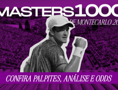 Banner promocional de apostas esportivas focado no torneio de tênis Masters 1000 de Montecarlo 2026. A imagem, coberta por um filtro roxo, mostra uma visão panorâmica de uma quadra de tênis de saibro com arquibancadas lotadas ao fundo. No centro, destaca-se um recorte em preto e branco do jovem tenista brasileiro João Fonseca, usando boné branco e comemorando com o punho cerrado. No topo, lê-se "MASTERS 1000 DE MONTECARLO 2026" em letras brancas. Na base, uma faixa traz o texto "CONFIRA PALPITES, ANÁLISE E ODDS" (Nota: a arte original contém um pequeno erro de digitação com "CONFIRTA"). Arte focada em previsões esportivas e cotações para tênis.