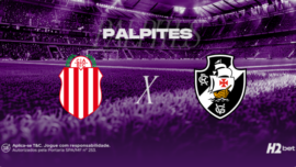 Banner promocional de apostas esportivas da H2bet. A imagem, coberta por um filtro roxo escuro, exibe a visão a partir do gramado de um estádio de futebol com as arquibancadas lotadas ao fundo. Na parte superior, destaca-se a palavra "PALPITES" em letras brancas. No centro, o duelo internacional é representado pelos escudos oficiais das equipes: o clube argentino Barracas Central (CABC) à esquerda e o Vasco da Gama à direita, separados por um "X" branco. Arte focada em previsões de partidas e cotações de futebol.