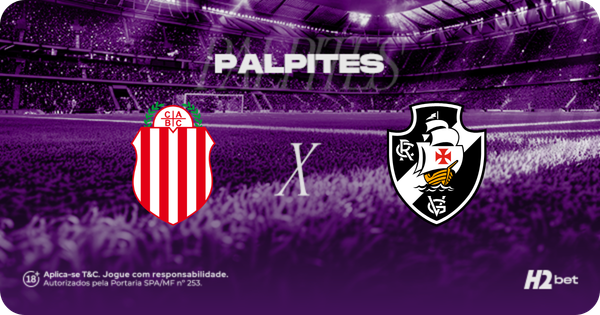 Banner promocional de apostas esportivas da H2bet. A imagem, coberta por um filtro roxo escuro, exibe a visão a partir do gramado de um estádio de futebol com as arquibancadas lotadas ao fundo. Na parte superior, destaca-se a palavra "PALPITES" em letras brancas. No centro, o duelo internacional é representado pelos escudos oficiais das equipes: o clube argentino Barracas Central (CABC) à esquerda e o Vasco da Gama à direita, separados por um "X" branco. Arte focada em previsões de partidas e cotações de futebol.