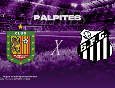 Banner promocional de apostas esportivas da H2bet. A imagem, coberta por um filtro roxo escuro, exibe a visão a partir do gramado de um estádio de futebol com as arquibancadas lotadas ao fundo. Na parte superior, destaca-se a palavra "PALPITES" em letras brancas. No centro, o duelo internacional é representado pelos escudos oficiais das equipes: o clube equatoriano Deportivo Cuenca à esquerda e o Santos (S.F.C.) à direita, separados por um "X" branco. Arte focada em previsões de partidas e cotações de futebol.