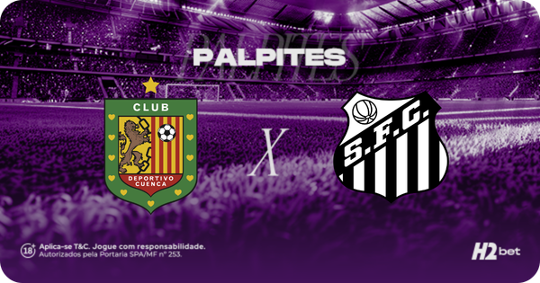 Banner promocional de apostas esportivas da H2bet. A imagem, coberta por um filtro roxo escuro, exibe a visão a partir do gramado de um estádio de futebol com as arquibancadas lotadas ao fundo. Na parte superior, destaca-se a palavra "PALPITES" em letras brancas. No centro, o duelo internacional é representado pelos escudos oficiais das equipes: o clube equatoriano Deportivo Cuenca à esquerda e o Santos (S.F.C.) à direita, separados por um "X" branco. Arte focada em previsões de partidas e cotações de futebol.