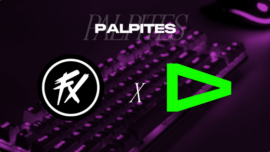 Banner promocional de apostas esportivas focado em eSports. A imagem possui um filtro roxo escuro e exibe um teclado mecânico gamer iluminado e desfocado ao fundo. Na parte superior central, destaca-se a palavra "PALPITES" em letras brancas. No centro, o duelo entre as equipes brasileiras é representado por seus logotipos oficiais: Fluxo (círculo preto com as letras "FX" estilizadas em branco) à esquerda e LOUD (triângulo vazado em verde neon) à direita, separados por um grande "X" branco. Arte focada em previsões de confrontos e cotações para esportes eletrônicos.