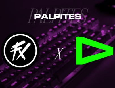 Banner promocional de apostas esportivas focado em eSports. A imagem possui um filtro roxo escuro e exibe um teclado mecânico gamer iluminado e desfocado ao fundo. Na parte superior central, destaca-se a palavra "PALPITES" em letras brancas. No centro, o duelo entre as equipes brasileiras é representado por seus logotipos oficiais: Fluxo (círculo preto com as letras "FX" estilizadas em branco) à esquerda e LOUD (triângulo vazado em verde neon) à direita, separados por um grande "X" branco. Arte focada em previsões de confrontos e cotações para esportes eletrônicos.