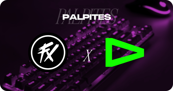 Banner promocional de apostas esportivas focado em eSports. A imagem possui um filtro roxo escuro e exibe um teclado mecânico gamer iluminado e desfocado ao fundo. Na parte superior central, destaca-se a palavra "PALPITES" em letras brancas. No centro, o duelo entre as equipes brasileiras é representado por seus logotipos oficiais: Fluxo (círculo preto com as letras "FX" estilizadas em branco) à esquerda e LOUD (triângulo vazado em verde neon) à direita, separados por um grande "X" branco. Arte focada em previsões de confrontos e cotações para esportes eletrônicos.