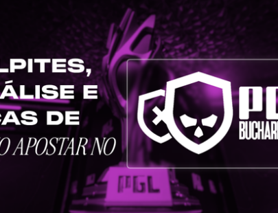 Banner ilustrativo de guia de apostas em eSports. A imagem, coberta por um filtro roxo escuro, exibe o cobiçado troféu do campeonato levemente desfocado ao fundo. À esquerda, destaca-se o texto em letras brancas: "Palpites, análise e dicas de como apostar no". À direita, aparece o logotipo oficial do torneio PGL Bucharest '26, acompanhado de dois escudos estilizados (um contendo um 'X' e outro com uma caveira). Arte focada em tutoriais, previsões e mercados de apostas para torneios de Counter-Strike 2 (CS2).