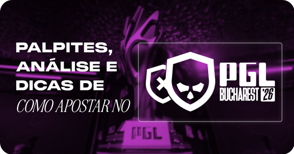 Banner ilustrativo de guia de apostas em eSports. A imagem, coberta por um filtro roxo escuro, exibe o cobiçado troféu do campeonato levemente desfocado ao fundo. À esquerda, destaca-se o texto em letras brancas: "Palpites, análise e dicas de como apostar no". À direita, aparece o logotipo oficial do torneio PGL Bucharest '26, acompanhado de dois escudos estilizados (um contendo um 'X' e outro com uma caveira). Arte focada em tutoriais, previsões e mercados de apostas para torneios de Counter-Strike 2 (CS2).