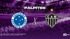 Banner promocional de palpites de futebol da H2bet para o clássico mineiro entre Cruzeiro e Atlético-MG. A imagem destaca os escudos oficiais do Cruzeiro Esporte Clube e do Clube Atlético Mineiro (CAM) centralizados e separados por um "X", sob o título "PALPITES" em letras brancas. O fundo apresenta a vista de um estádio de futebol lotado com um filtro roxo. No canto inferior direito, encontra-se o logotipo da H2bet, acompanhado de selos de licenciamento e jogo responsável à esquerda. Arte focada em prognósticos, cotações e apostas esportivas.