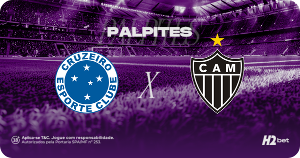 Banner promocional de palpites de futebol da H2bet para o clássico mineiro entre Cruzeiro e Atlético-MG. A imagem destaca os escudos oficiais do Cruzeiro Esporte Clube e do Clube Atlético Mineiro (CAM) centralizados e separados por um "X", sob o título "PALPITES" em letras brancas. O fundo apresenta a vista de um estádio de futebol lotado com um filtro roxo. No canto inferior direito, encontra-se o logotipo da H2bet, acompanhado de selos de licenciamento e jogo responsável à esquerda. Arte focada em prognósticos, cotações e apostas esportivas.