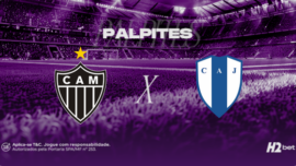 Banner promocional de apostas esportivas da H2bet. A imagem, coberta por um filtro roxo escuro, exibe a visão a partir do gramado de um estádio de futebol com as arquibancadas lotadas ao fundo. Na parte superior, destaca-se a palavra "PALPITES" em letras brancas. No centro, o duelo internacional é representado pelos escudos oficiais das equipes: o Atlético Mineiro (CAM) à esquerda e o clube uruguaio Juventud de Las Piedras (CAJ) à direita, separados por um "X" branco. Arte focada em previsões de partidas e cotações de futebol.