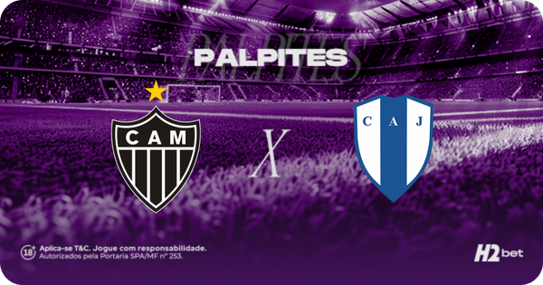 Banner promocional de apostas esportivas da H2bet. A imagem, coberta por um filtro roxo escuro, exibe a visão a partir do gramado de um estádio de futebol com as arquibancadas lotadas ao fundo. Na parte superior, destaca-se a palavra "PALPITES" em letras brancas. No centro, o duelo internacional é representado pelos escudos oficiais das equipes: o Atlético Mineiro (CAM) à esquerda e o clube uruguaio Juventud de Las Piedras (CAJ) à direita, separados por um "X" branco. Arte focada em previsões de partidas e cotações de futebol.