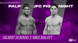 Banner promocional de apostas esportivas da H2bet focado no evento UFC Fight Night. A imagem, mantendo o padrão visual com fundo roxo escuro desfocado, apresenta os lutadores de MMA Gilbert Durinho e Mike Malott em fotos em preto e branco dentro de painéis angulados. No topo, lê-se "PALPITES UFC FIGHT NIGHT" em branco. Na base, uma faixa roxa destaca o confronto: "GILBERT DURINHO X MIKE MALOTT". Arte focada em previsões de lutas e cotações para esportes de combate.