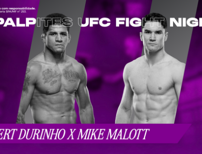 Banner promocional de apostas esportivas da H2bet focado no evento UFC Fight Night. A imagem, mantendo o padrão visual com fundo roxo escuro desfocado, apresenta os lutadores de MMA Gilbert Durinho e Mike Malott em fotos em preto e branco dentro de painéis angulados. No topo, lê-se "PALPITES UFC FIGHT NIGHT" em branco. Na base, uma faixa roxa destaca o confronto: "GILBERT DURINHO X MIKE MALOTT". Arte focada em previsões de lutas e cotações para esportes de combate.