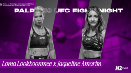 banner com o texto palpites Loma Lookboonmee x Jaqueline Amorim e imagem das duas lutadoras