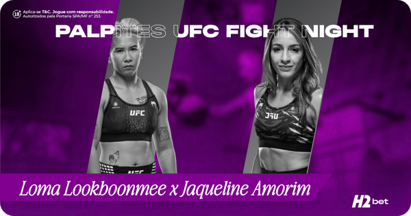 banner com o texto palpites Loma Lookboonmee x Jaqueline Amorim e imagem das duas lutadoras