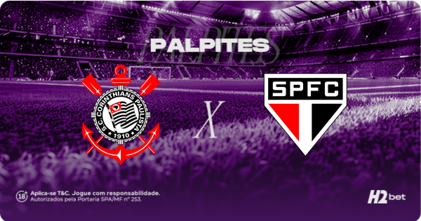 Banner promocional de palpites esportivos da H2bet para o clássico entre Corinthians e São Paulo. No centro da imagem, destacam-se os escudos oficiais do Sport Club Corinthians Paulista e do São Paulo Futebol Clube, separados por um "X" branco que indica o confronto. Acima deles, o título "PALPITES" ganha destaque. O cenário de fundo apresenta um estádio de futebol lotado sob um filtro roxo. No canto inferior direito, encontra-se o logotipo da H2bet, acompanhado por selos de jogo responsável e licenciamento no canto inferior esquerdo. Arte focada em prognósticos e apostas de futebol.
