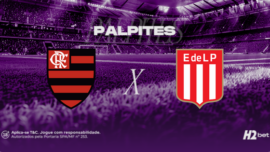 banner com o texto "Palpites" e os escudos dos clubes Flamengo e Estudiantes