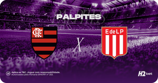 banner com o texto "Palpites" e os escudos dos clubes Flamengo e Estudiantes