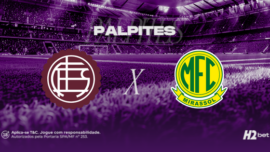banner escrito Palpites com os escudos dos clubes Lanus e Mirassol