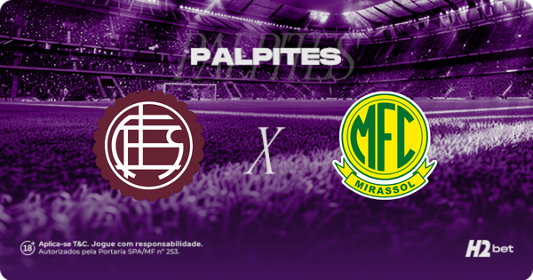 banner escrito Palpites com os escudos dos clubes Lanus e Mirassol