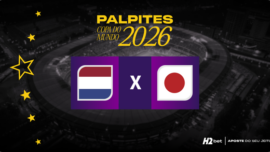 banner com o título Palpites Copa do Mundo 2026 e as bandeiras de Holanda e Japão