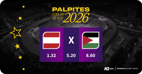 banner com o título Palpites Copa do Mundo 2026 e as bandeiras de Austría e Cabo Verde, com as odds para Austria em 1.32, empate em 5.20 e Jordania em 8.60 para mercado de resultado final