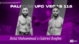 Banner com o título Palpites UFC Vegas e imagem dos lutadores Belal Muhammad x Gabriel Bonfim