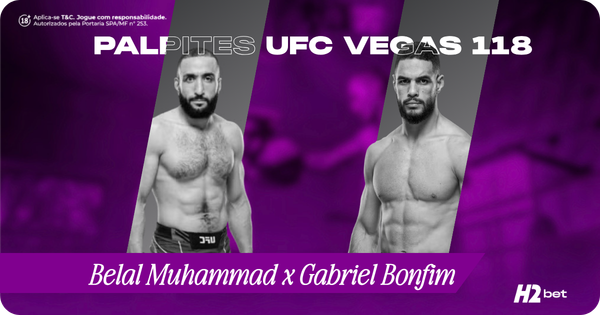 Banner com o título Palpites UFC Vegas e imagem dos lutadores Belal Muhammad x Gabriel Bonfim