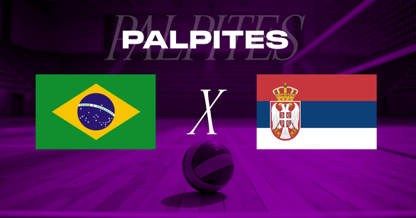 banner com o título Palpites e as bandeiras de Brasil e Sérvia com uma bola de vôlei ao fundo