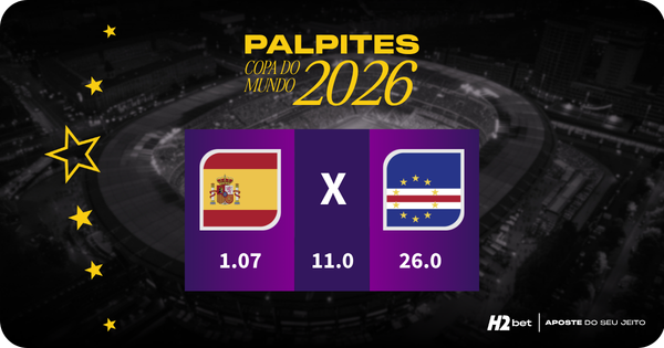 banner com o título Palpites Copa do Mundo 2026 e as bandeiras de Espanha e Cabo Verde, com as odds para Espanha em 1.07, empate em 11.0 e Cabo Verde em 26.0 para mercado de resultado final