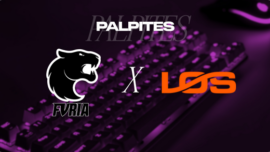 Banner promocional de palpites em esports para o confronto entre FURIA e LOS. No centro da imagem, os logotipos oficiais das equipes FURIA (esquerda) e LOS (direita) estão separados por um "X" branco que indica a partida. Acima deles, o título "PALPITES" ganha destaque. O cenário de fundo apresenta um teclado mecânico gamer iluminado por uma luz roxa escurecida. Arte focada em prognósticos e apostas de esportes eletrônicos.