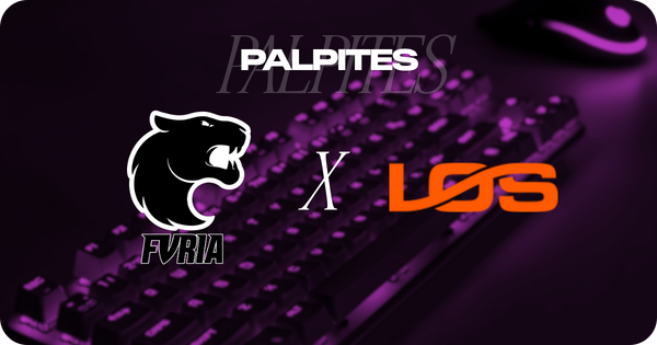 Banner promocional de palpites em esports para o confronto entre FURIA e LOS. No centro da imagem, os logotipos oficiais das equipes FURIA (esquerda) e LOS (direita) estão separados por um "X" branco que indica a partida. Acima deles, o título "PALPITES" ganha destaque. O cenário de fundo apresenta um teclado mecânico gamer iluminado por uma luz roxa escurecida. Arte focada em prognósticos e apostas de esportes eletrônicos.