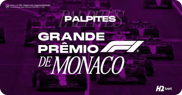 Banner promocional de palpites esportivos da H2bet para a Fórmula 1. No centro da imagem, destaca-se o título "PALPITES GRANDE PRÊMIO DE MONACO" integrado ao logotipo oficial da F1. O cenário de fundo exibe carros de corrida em ação na pista sob um filtro de cor roxa. No canto inferior direito, encontra-se o logotipo da H2bet, acompanhado por selos de jogo responsável e licenciamento no canto superior esquerdo. Arte focada em prognósticos e apostas em automobilismo.